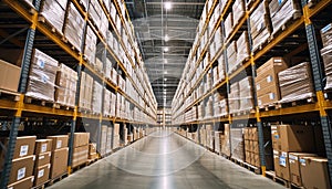 A large warehouse with rows of multiple stacks of boxes and merchandise, logistic and warehouse