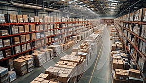 A large warehouse with rows of multiple stacks of boxes and merchandise, logistic and warehouse