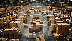 A large warehouse with rows of multiple stacks of boxes and merchandise, logistic and warehouse