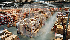 A large warehouse with rows of multiple stacks of boxes and merchandise, logistic and warehouse