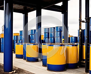 A large warehouse with rows of yellow barrels stacked on top of each other.