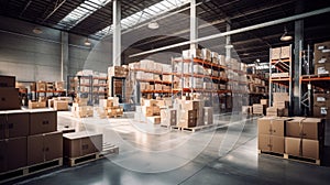 Large warehouse space with high racks and a forklift. Concept of logistics, supply chain solutions, bulk merchandise