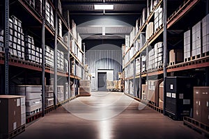 Large warehouse for storage of goods, racks, shelves, goods, background