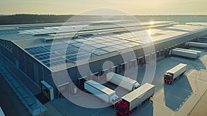 A large warehouse with trucks and forklifts moving products powered solely by solar panels installed on the buildings