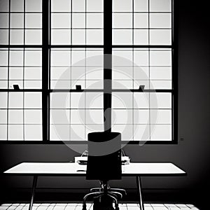 A large warehouse window into an office, no person desk