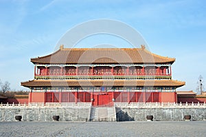 Large water cauldrons outside the Tower of Enhanced Righteousness in the main courtyard of the Forbidden City, Beijing.