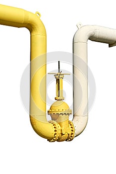 Large water shutoff valve with flanges and lever on white background