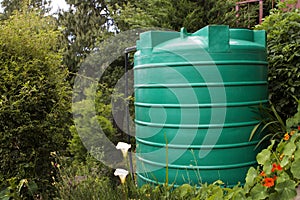 Large water storage tank in a garden