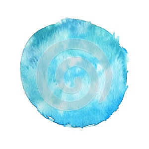 Large watercolor stain with paint texture isolated on white background. Saturated turquoise color. Hand drawn backdrop