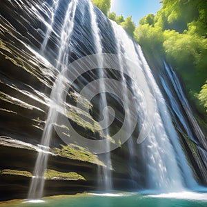 Large waterfall with forest and water running down over the rocks