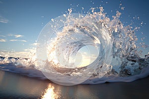 A large wave crashes into the ocean on a sunny day