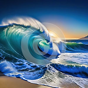 large wave crashing into the shore of beach at night time with mountain in