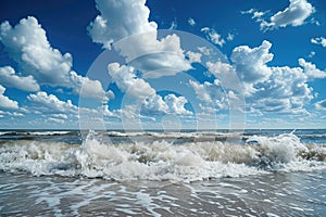 A large wave with powerful force rolls towards the shore, crashing against the sandy beach, Waves under the blue sky and white