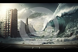 A large wave of water is approaching the city, a tsunami is a large natural phenomenon in the sea and ocean