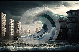 A large wave of water is approaching the city, a tsunami is a large natural phenomenon in the sea and ocean