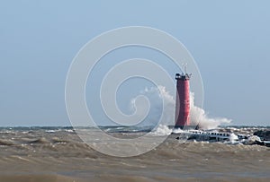 Large Waves Crashing Against Sheboygan Lighthouse
