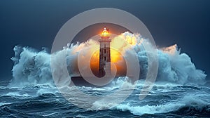 large waves crashing in front of a lighthouse at dusk with dramatic lightening