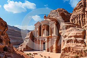 A large, weathered industrial building stands in the vast emptiness of the desert landscape, The Al-Kazneh temple located in the