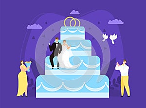 Large wedding couple cake concept, vector illustration. Bride groom character on festive dessert with rings, romantic