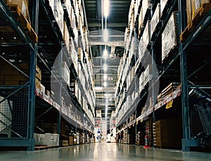 Large wharehouse with rows of shelves and goods boxes