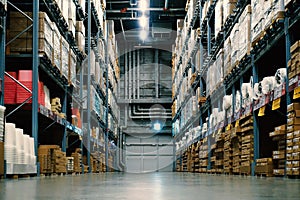 Large wharehouse with rows of shelves and goods boxes