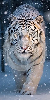 Large white Amur Siberian Tiger Bounds Through Deep Snow in Blizzard