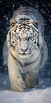 Large white Amur Siberian Tiger Bounds Through Deep Snow in Blizzard