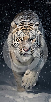 Large white Amur Siberian Tiger Bounds Through Deep Snow in Blizzard
