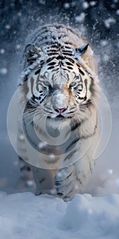 Large white Amur Siberian Tiger Bounds Through Deep Snow in Blizzard