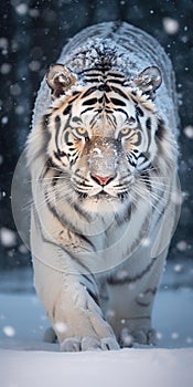 Large white Amur Siberian Tiger Bounds Through Deep Snow in Blizzard