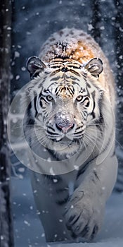 Large white Amur Siberian Tiger Bounds Through Deep Snow in Blizzard