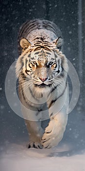 Large white Amur Siberian Tiger Bounds Through Deep Snow in Blizzard