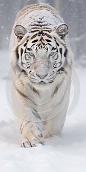 Large white Amur Siberian Tiger Bounds Through Deep Snow in Blizzard