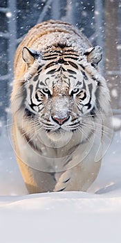 Large white Amur Siberian Tiger Bounds Through Deep Snow in Blizzard