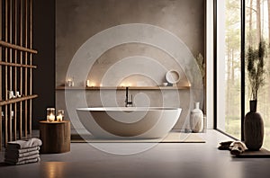 large white bathtubs, a large modern bathroom and a bamboo bathroom