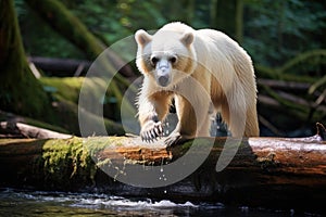 A large white bear confidently walks across a wooden log in a natural wilderness setting, White Spirit Bear walking on log along