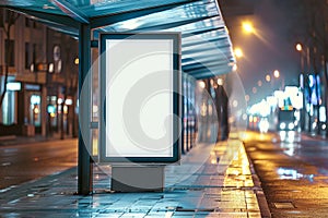 A large white billboard sits on a city street, illuminated by the streetlights. The empty billboard and bench give the