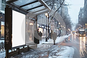 A large white billboard sits on a city street, illuminated by the streetlights. The empty billboard and bench give the