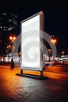 Large white billboard sitting on the side of road next to street light. Generative AI
