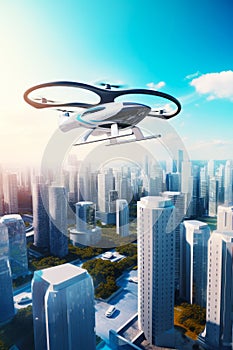 Large white and black helicopter flying over large city with tall buildings. Generative AI