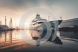 a large white boat in a body of water near a dock