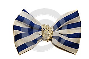 Large white bow with blue stripes with beads