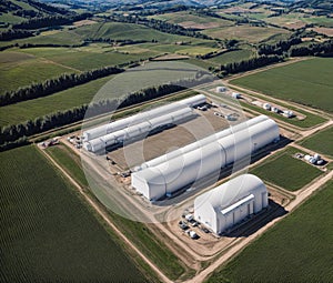 A large white building with a green field in the background