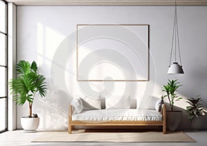 Large white canvas template with frame on wall background, furniture with shadow in interior, room design with poster for