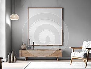 Large white canvas template on wall background, wooden frame in interior with furniture, room design, poster for presentation,