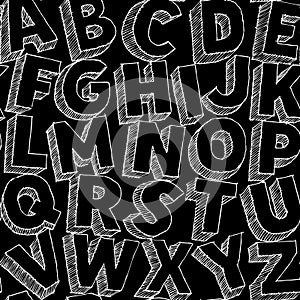 Large white chalk letters hand drawn vector alphabet seamles pattern on black background