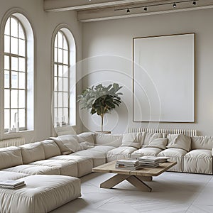 Large white couch in a living room with a large picture frame, Country style room decor