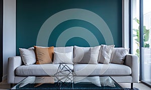 A large white couch sits in front of a green wall