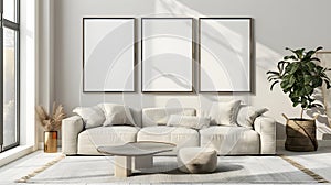 Large white couch and three blank frames for wall art mock up in living room. Modern living room.