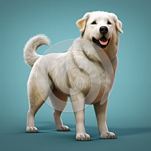 Large white dog standing on blue background. It is looking up, with its mouth open and tongue out. The dog appears to